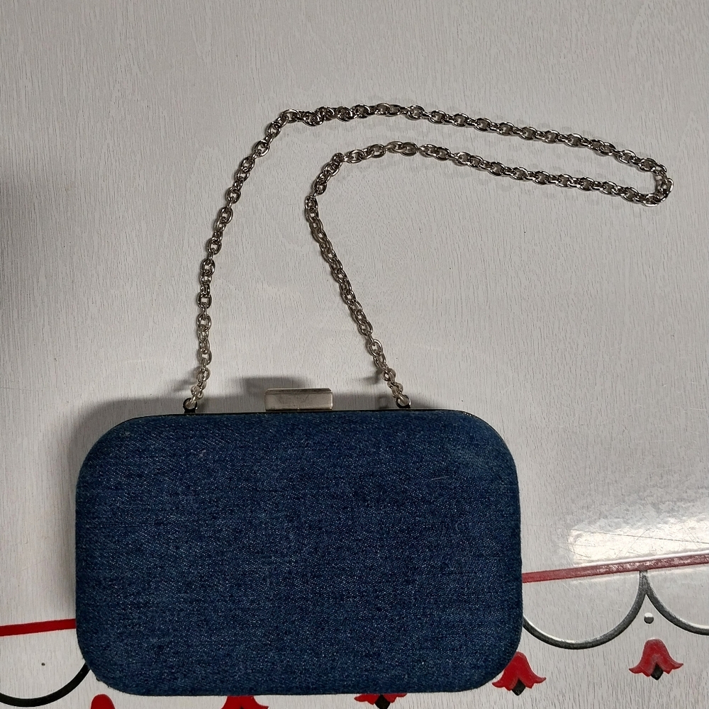Style & Co. Dark Blue Denim Clutch with Silver Chain